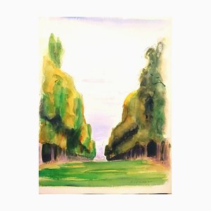 The Tree-Lined Avenue - Original Watercolor on Paper by Pierre Segogne - 1930s