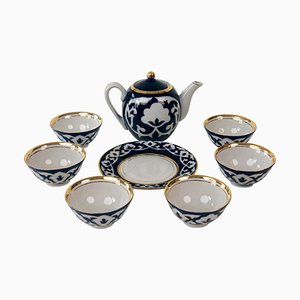 Handbemaltes zentralasiatisches Teeservice aus Porzellan in Kobaltblau & Gold, 1960er, 8er Set
