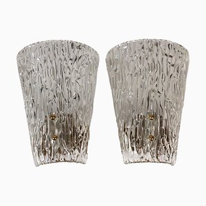 Mid-Century Textured Glass and Brass Wall Lights from J.T. Kalmar, 1950s, Set of 2