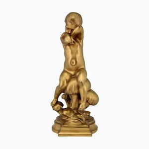 Antique Art Nouveau Gilt Bronze Sculpture, Boy on a Mushroom by Henri Pernot