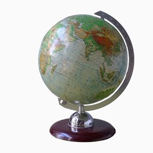 Vintage Illuminated Glass Topographical 24 cm Globe with Pagwood Base from JRO-Verlag, 1960s