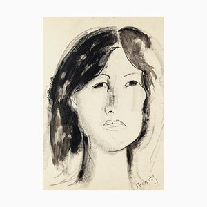 Portrait of Woman - Original Charcoal and Watercolor Drawing by F. Chapuis-1970s 1970s