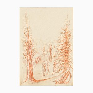 Figuras en la naturaleza - Dibujo pastel original de Gustave Bourgogne - Siglo XX Siglo XX