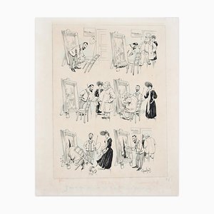 Painter's Studio - Original China Ink Drawing by F. Godefroy - Late 19th Century Late 19th Century