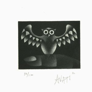 Búho original grabado sobre papel de Mario Avati, años 60