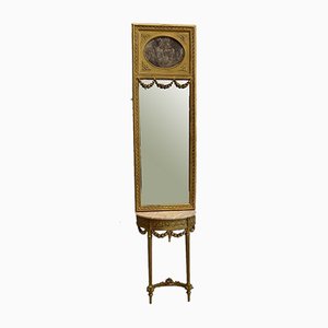 Golden Wood Mirror & Half Moon Console, Set of 2