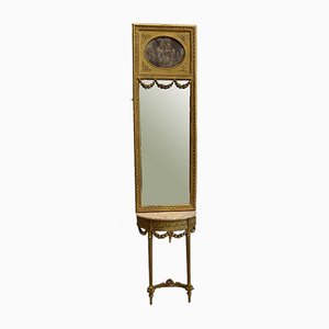 Golden Wood Mirror & Half Moon Console, Set of 2