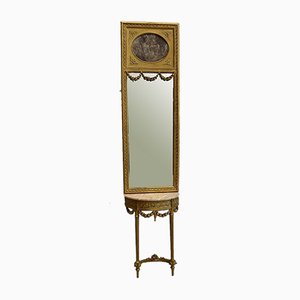 Goldener Spiegel mit Holzrahmen & Halbrunder Konsolentisch