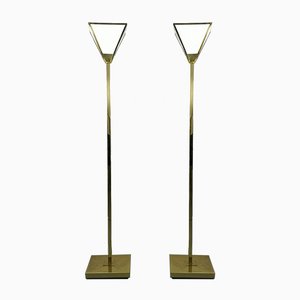 Vintage Brass Floor Lamps with White Glass Shades, Set of 2