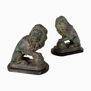 Italian Bronze and Marble Lions, 1900s, Set of 2