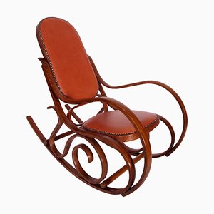 Art Nouveau Rocking Chair in Steam Bent Beechwood & Leather from Thonet