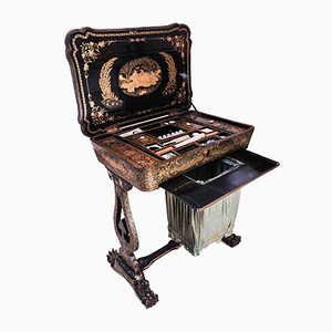 Regency Chinese Qing Chinoiserie Hand-Painted Lacquered Sewing Table