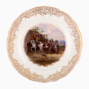 Assiette Antique Décoration Meissen en Porcelaine Peinte à la Main avec Motif de Chasse