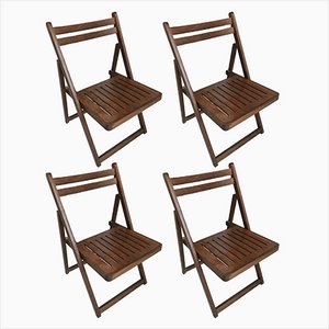 Brown Pine Folding Chairs, Set of 4