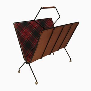 French Black Lacquered Metal, Leather & Square Fabric Magazine Rack, 1950s
