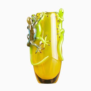 Grand Vase Jaune en Verre avec 3 Geckos par VG Design and Laboratory Department