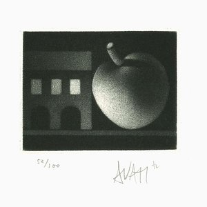 Apple and House - Grabado original sobre papel de Mario Avati - años 70