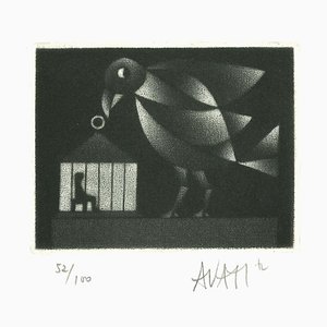 Bird & Cage - Grabado Original sobre papel de Mario Avati - años 70