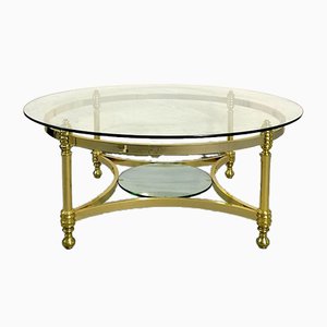 Round Brass Coffee Table with Glass Top and Shelf, 1970s