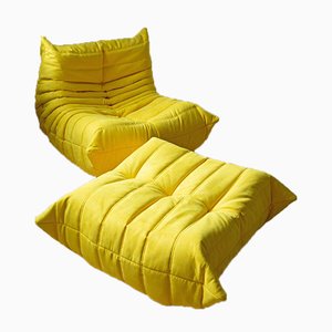 Vintage Yellow Microfiber Togo Lounge Chair and Pouf Set by Michel Ducaroy for Ligne Roset, 1970s, Set of 2