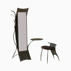 Brutalist Metal Mirror with Side Chair