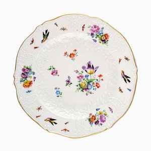 Piatto Meissen in porcellana dipinta a mano con fiori e uccelli, XIX secolo