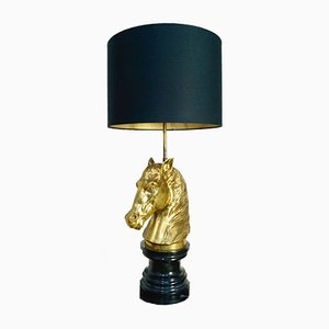 Lámpara de mesa con cabeza de caballo de latón de Maison Jansen, años 70