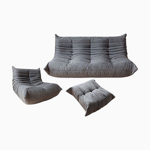 Grauer Togo Sessel, Pouf und 3-Sitzer Sofa aus Mikrofaser von Michel Ducaroy für Ligne Roset, 3er Set