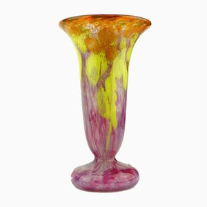 French Art Deco Orange, Yello, and Pink Vase with Pink Foot by Charles Schneider, 1920s