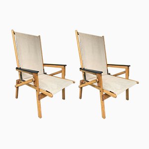 Italian Wood and Suede Folding Armchairs, 1950s, Set of 2