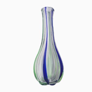 Mid-century Murano Glass Vase With Green and Blue Stripes