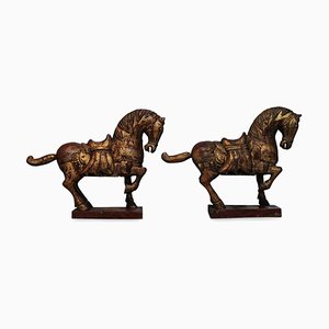 Chinese Tang Dynasty Style Decorative Carved Wood Horse Sculptures, Set of 2