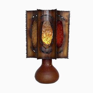 Brutalist French Ceramic and Copper Table Lamp from Accolay, 1960s