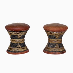North African Rattan and Leather Stools, 1960s, Set of 2