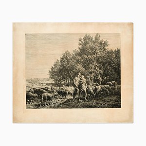 Shepherds with Flock - Original Etching - 19th Century 19th Century