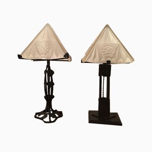 Lámparas de mesa Art Déco de hierro forjado de Degué, años 20. Juego de 2