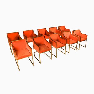 Brass & Orange Velvet Dining Chairs by Maison Jansen, 1980s, Set of 10