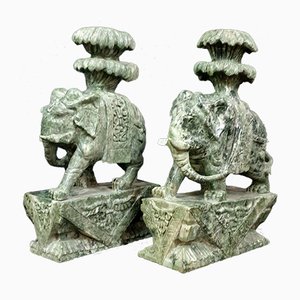 Antique Green Stone Elephants, Set of 2