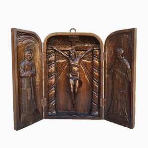 French Antique Hand Carved Walnut Wood Religious Triptych or Carved Wall Sculpture Panel, 1890s