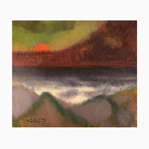 Modernist Landscape with Sunset Oil on Board by Knud Horup, Denmark, 1960s