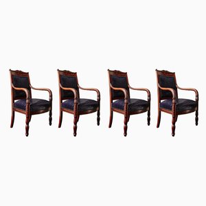 Antique Empire Mahogany Veneer & Leather Dining Chairs, Set of 4