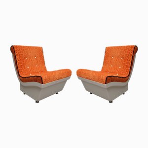 Set of White Resin Plastic and Orange Velvet Armchairs, 1960s