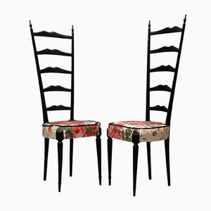 Italienische Mid-Century florale Stoff Chiavari Stühle mit hoher Rückenlehne, 1950er, 2er Set