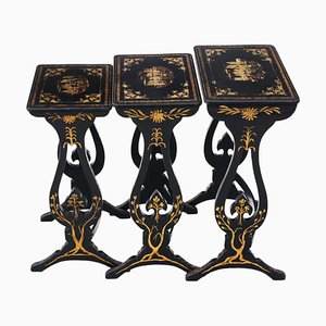 Victorian Chinoiserie Black Lacquer Decorated Nesting Tables, Set of 3
