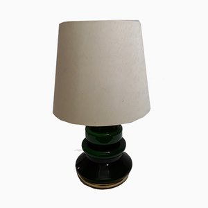 Table Lamp with Green Glass Casing & Beige Wool Shade, 1970s