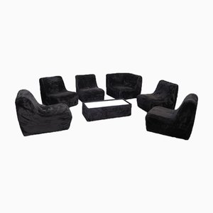 Modular Plush Fabric Sofa Set with Table, 1970s, Set of 7