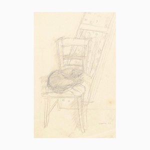 Cat on the Chair - Original Pencil on Paper by Jeanne Daour - 1944 1944