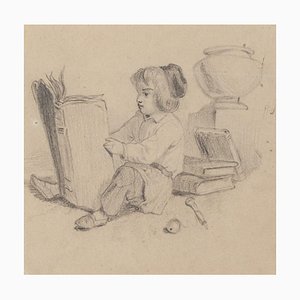 Lettura di bambina - Disegno a matita originale - XX secolo