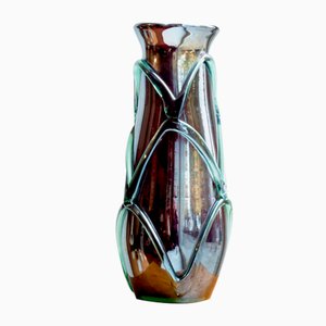 Mid-Century Green and Crimson Glass Vase with Silver Hue