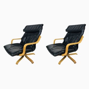 Schwedische Mid-Century Leder Drehstühle, 1970er